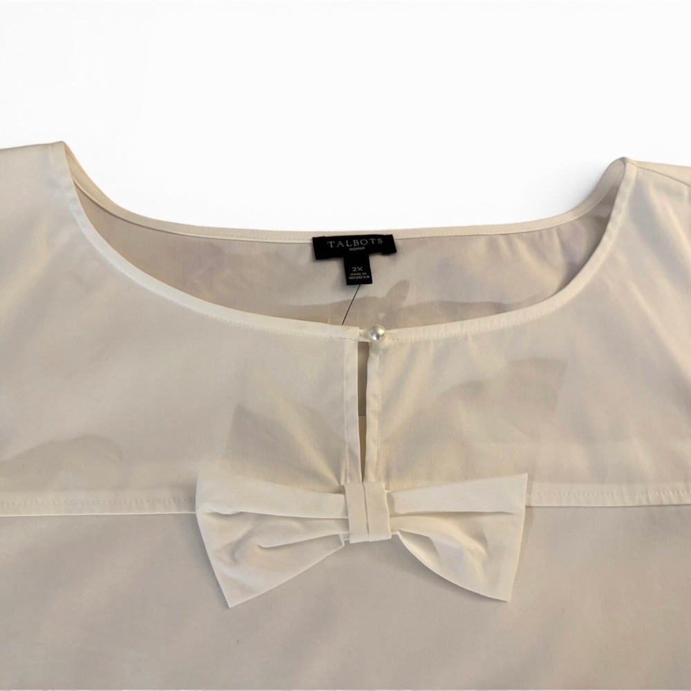 Talbots Blouse Women's 2X White Bow Detail 3/4 Bell Sleeve Pearl Button Coquette - Picture 3 of 9